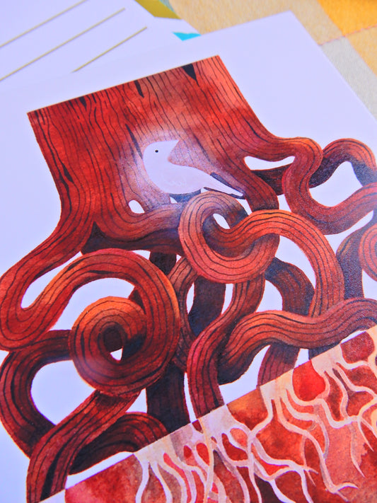 Illustrated Tree and White Raven postcard