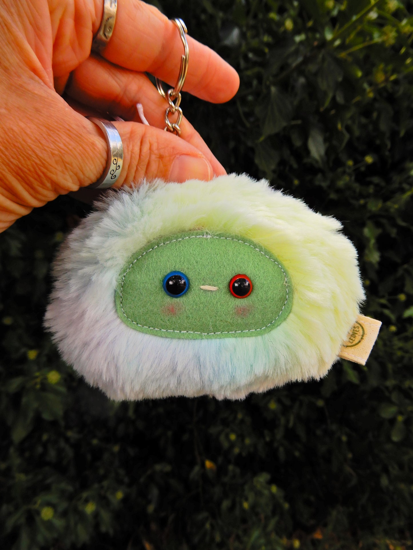 A rainbow plush keychain/ bag charm with a green face.