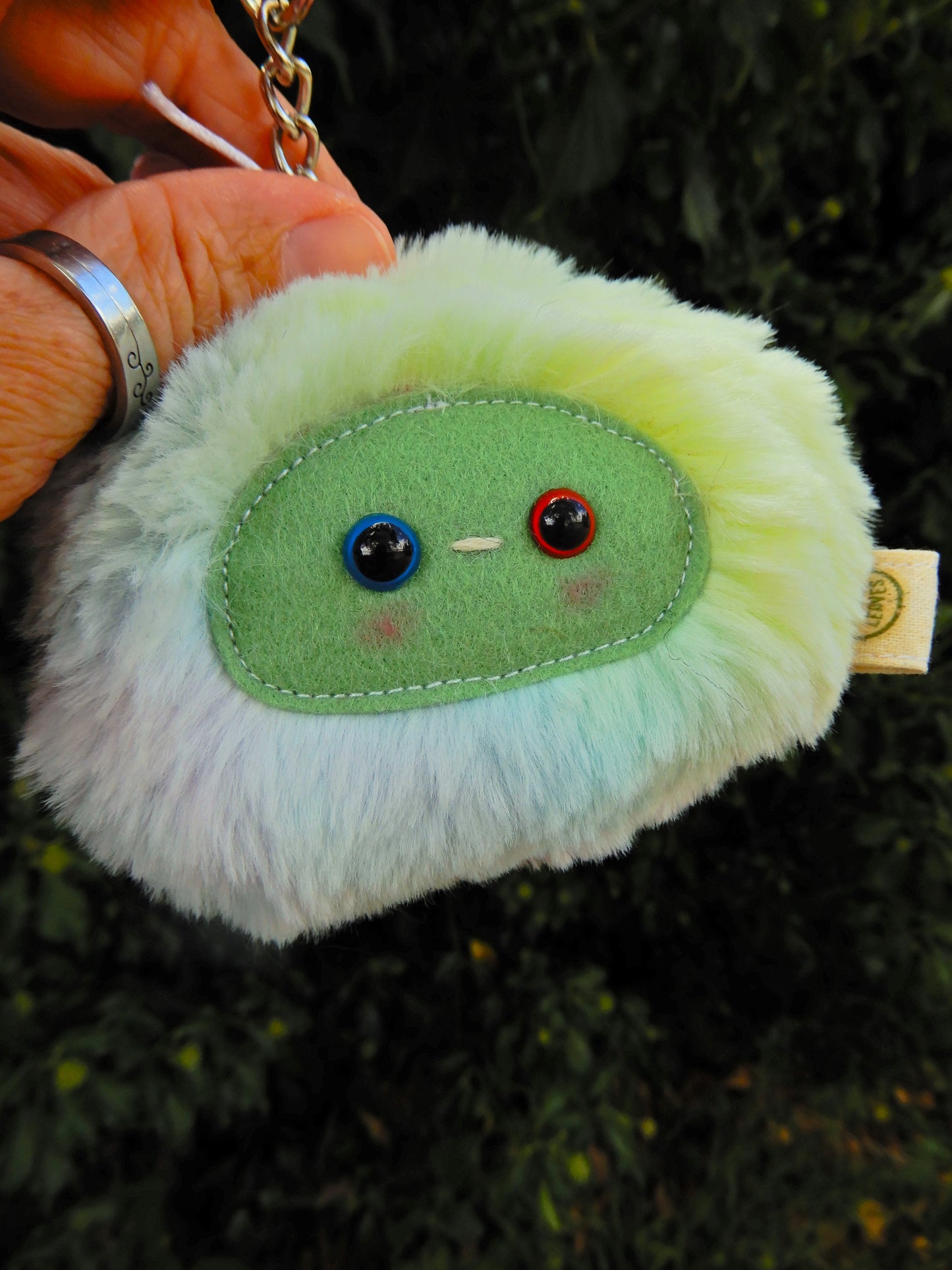A rainbow plush keychain/ bag charm with a green face.