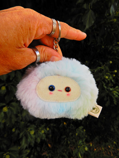 A rainbow plush keychain/ bag charm with a white face.