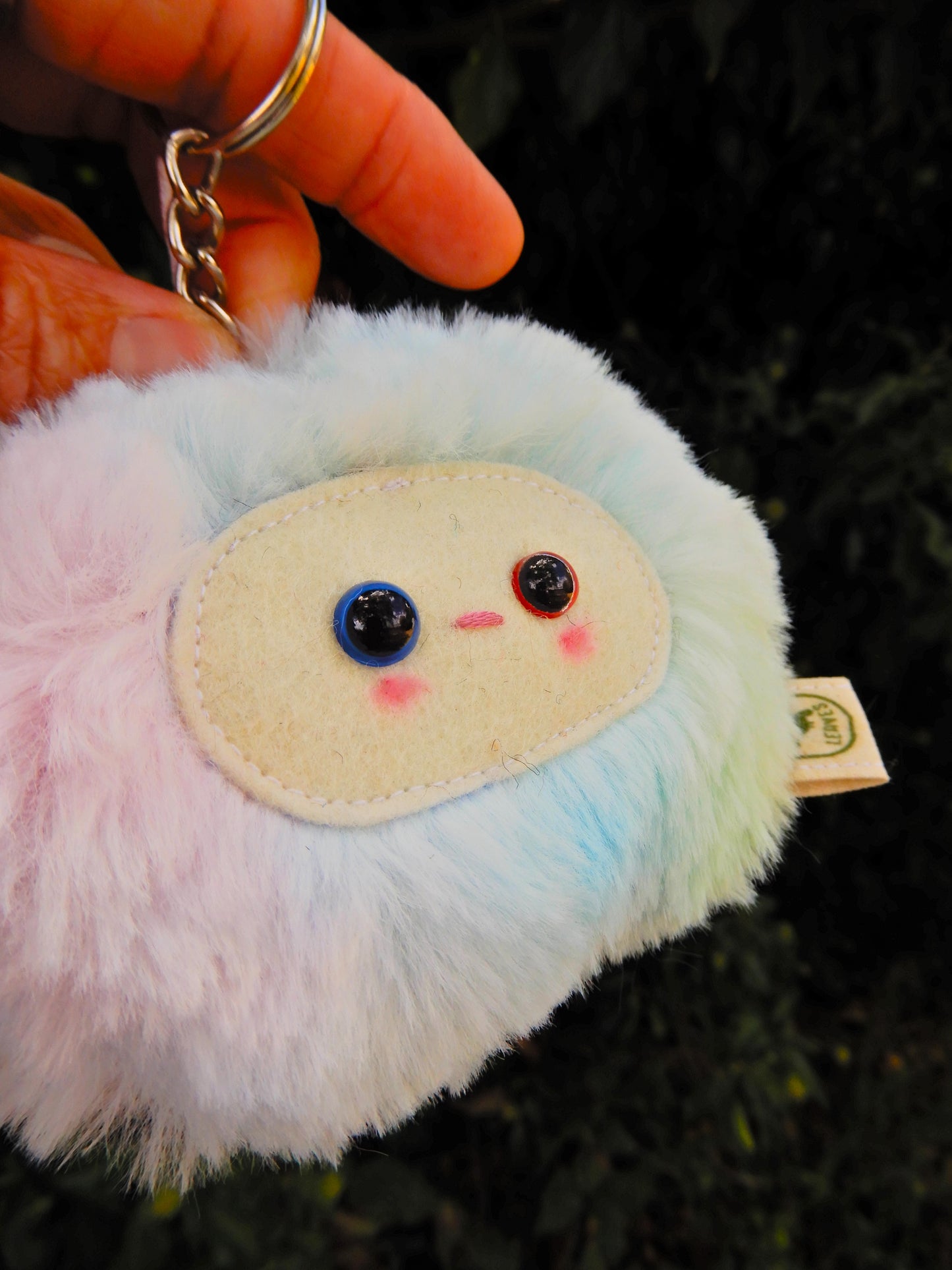 A rainbow plush keychain/ bag charm with a white face.
