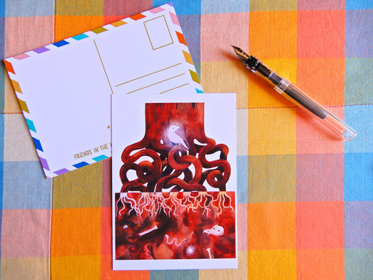Illustrated Tree and White Raven postcard