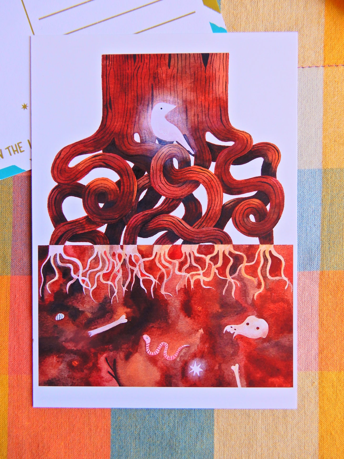 Illustrated Tree and White Raven postcard