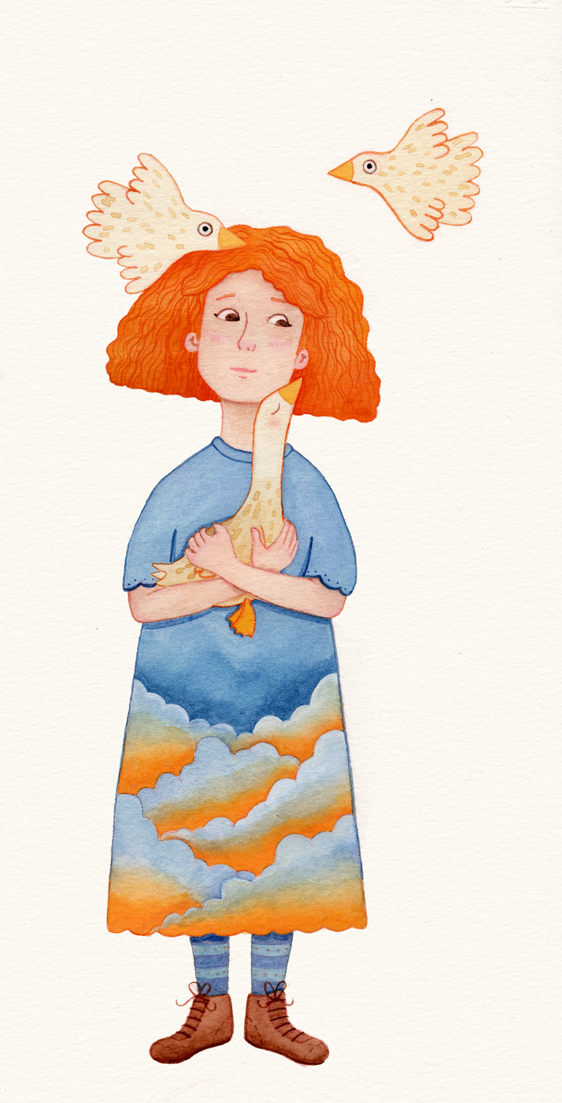 Illustration of a girl with red curly hair gently holding a goose, with two stylised geese flying above her head.