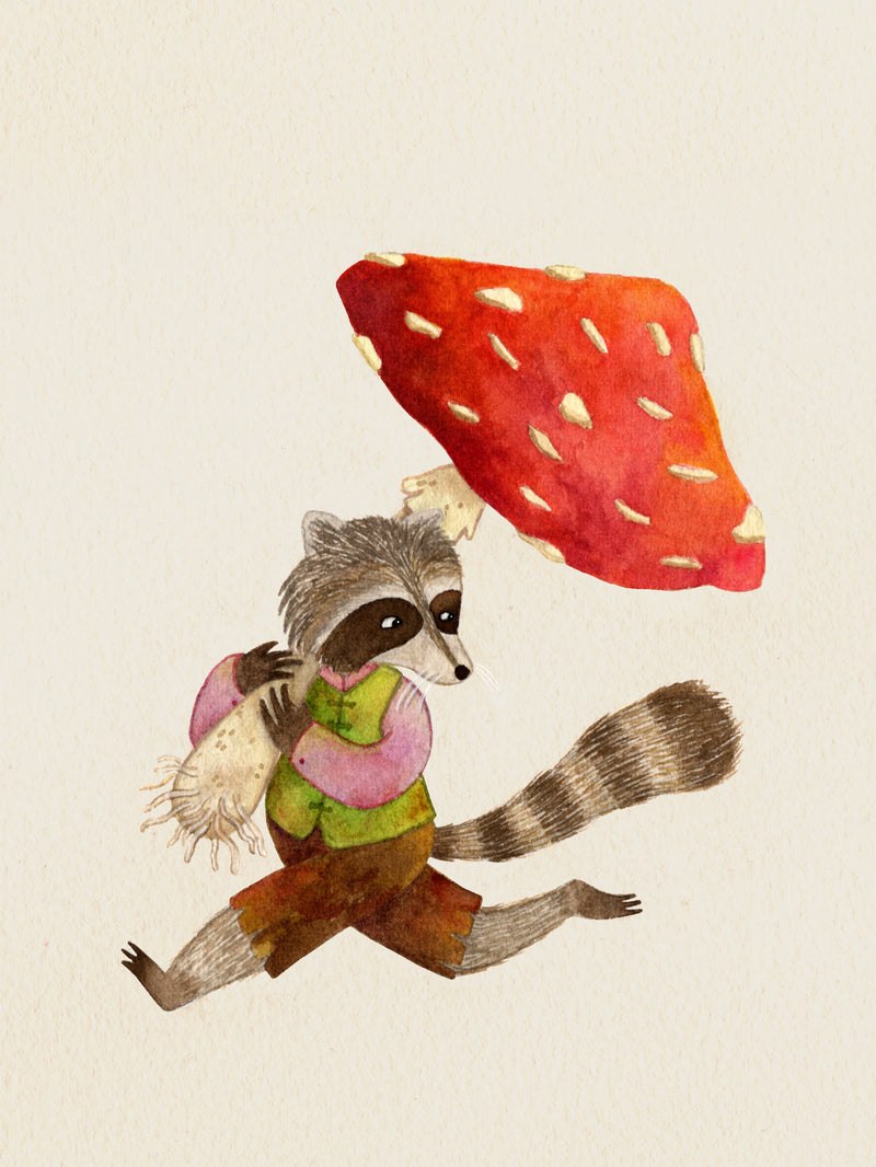 Illustration of a raccoon holding a red mushroom on a beige background