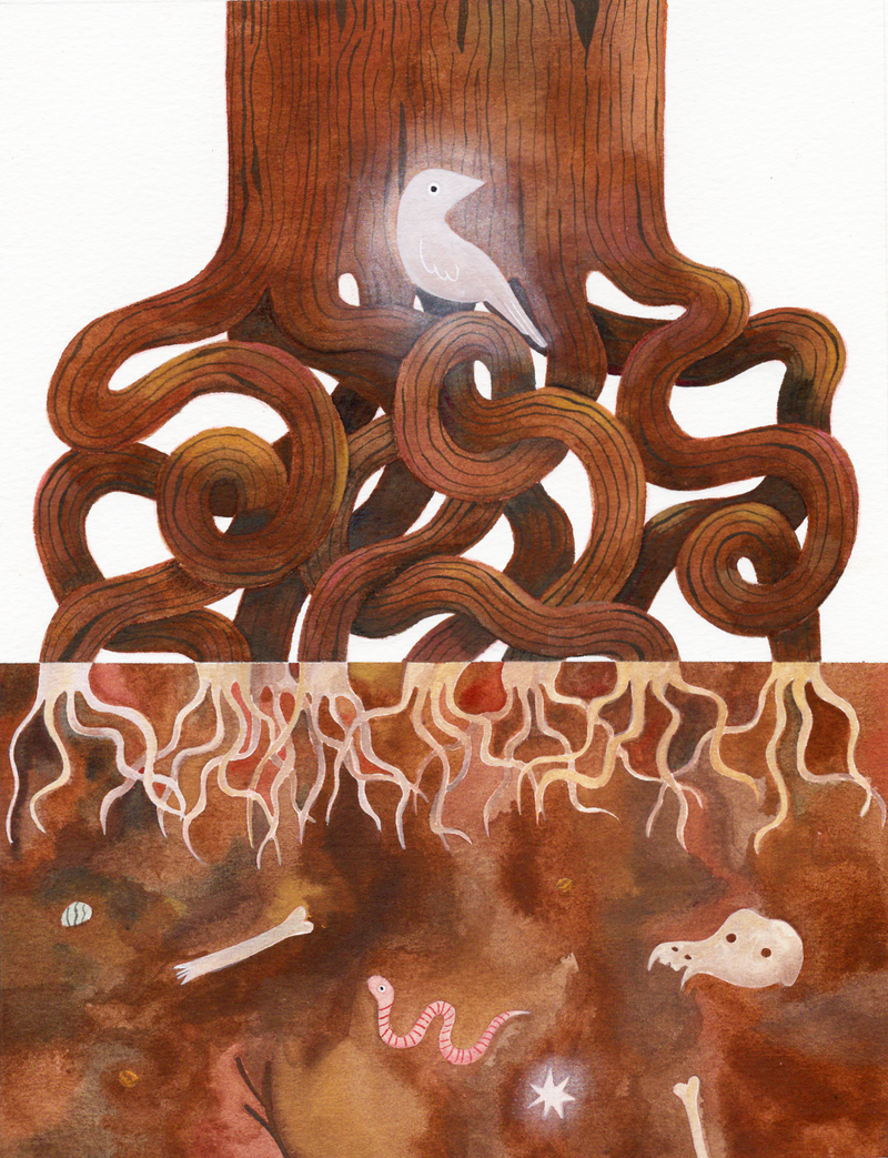 Artistic depiction of a tree with roots and small animals, including a bird and a worm.