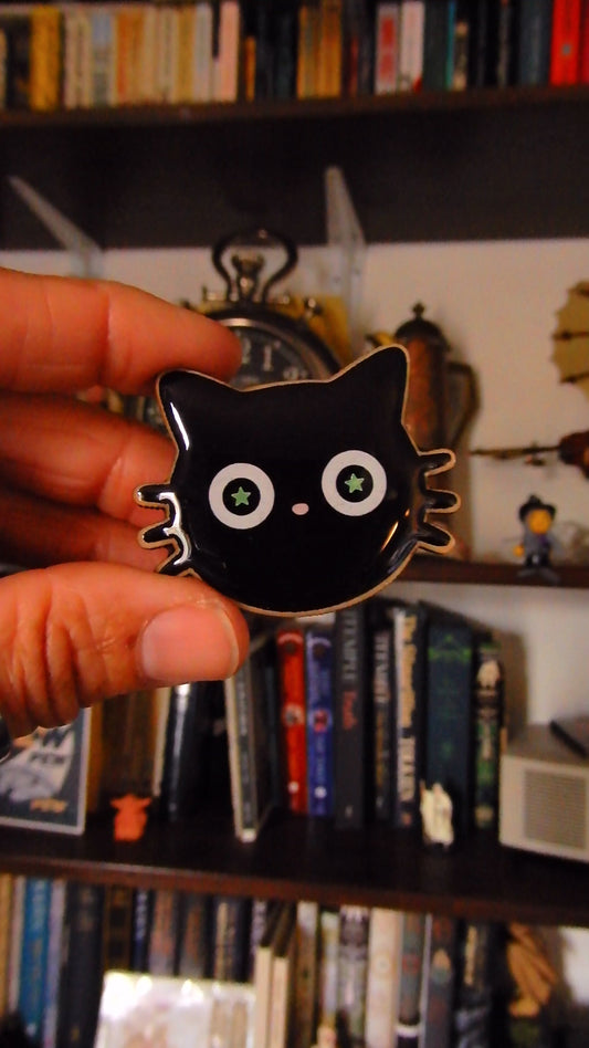 Starry Eyed Cat wooden pin with GLOW IN THE DARK eyes!